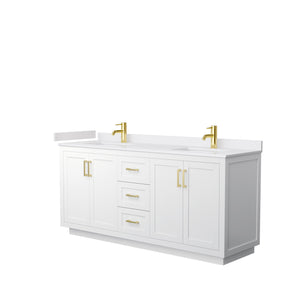 Miranda 72 Inch Double Bathroom Vanity in White White Cultured Marble Countertop Undermount Square Sinks Brushed Gold Trim