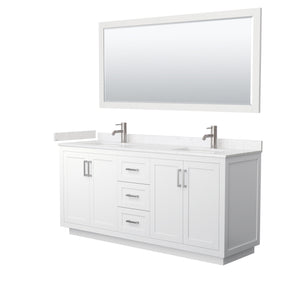 Miranda 72 Inch Double Bathroom Vanity in White Carrara Cultured Marble Countertop Undermount Square Sinks Brushed Nickel Trim 70 Inch Mirror