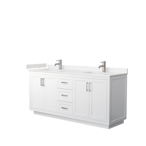 Miranda 72 Inch Double Bathroom Vanity in White Carrara Cultured Marble Countertop Undermount Square Sinks Brushed Nickel Trim