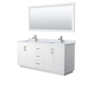 Miranda 72 Inch Double Bathroom Vanity in White White Carrara Marble Countertop Undermount Square Sinks Brushed Nickel Trim 70 Inch Mirror