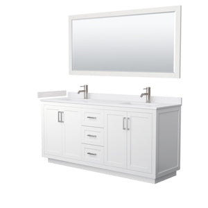 Miranda 72 Inch Double Bathroom Vanity in White White Cultured Marble Countertop Undermount Square Sinks Brushed Nickel Trim 70 Inch Mirror