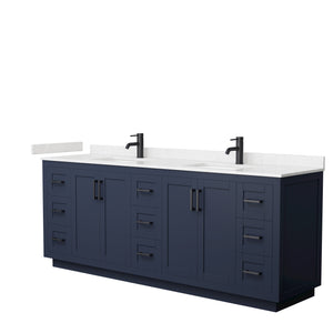Miranda 84 Inch Double Bathroom Vanity in Dark Blue Carrara Cultured Marble Countertop Undermount Square Sinks Matte Black Trim