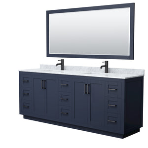 Miranda 84 Inch Double Bathroom Vanity in Dark Blue White Carrara Marble Countertop Undermount Square Sinks Matte Black Trim 70 Inch Mirror