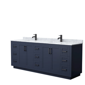 Miranda 84 Inch Double Bathroom Vanity in Dark Blue White Carrara Marble Countertop Undermount Square Sinks Matte Black Trim