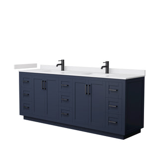 Miranda 84 Inch Double Bathroom Vanity in Dark Blue White Cultured Marble Countertop Undermount Square Sinks Matte Black Trim