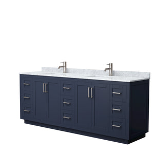 Miranda 84 Inch Double Bathroom Vanity in Dark Blue White Carrara Marble Countertop Undermount Square Sinks Brushed Nickel Trim