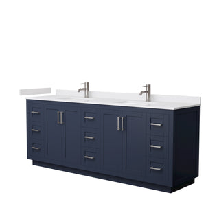 Miranda 84 Inch Double Bathroom Vanity in Dark Blue White Cultured Marble Countertop Undermount Square Sinks Brushed Nickel Trim