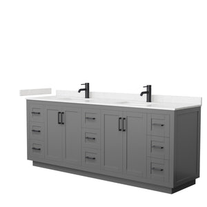 Miranda 84 Inch Double Bathroom Vanity in Dark Gray Carrara Cultured Marble Countertop Undermount Square Sinks Matte Black Trim