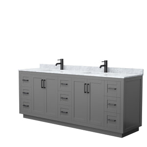 Miranda 84 Inch Double Bathroom Vanity in Dark Gray White Carrara Marble Countertop Undermount Square Sinks Matte Black Trim