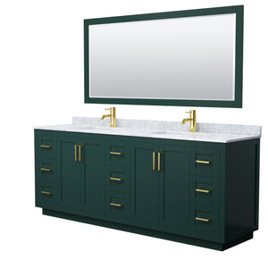 Miranda 84 Inch Double Bathroom Vanity in Green White Carrara Marble Countertop Undermount Square Sinks Brushed Gold Trim 70 Inch Mirror