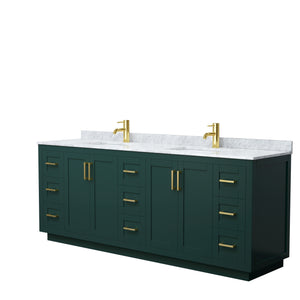 Miranda 84 Inch Double Bathroom Vanity in Green White Carrara Marble Countertop Undermount Square Sinks Brushed Gold Trim