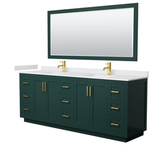Miranda 84 Inch Double Bathroom Vanity in Green White Cultured Marble Countertop Undermount Square Sinks Brushed Gold Trim 70 Inch Mirror