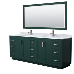 Miranda 84 Inch Double Bathroom Vanity in Green White Carrara Marble Countertop Undermount Square Sinks Brushed Nickel Trim 70 Inch Mirror