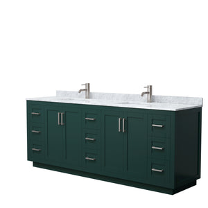 Miranda 84 Inch Double Bathroom Vanity in Green White Carrara Marble Countertop Undermount Square Sinks Brushed Nickel Trim