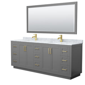 Miranda 84 Inch Double Bathroom Vanity in Dark Gray White Carrara Marble Countertop Undermount Square Sinks Brushed Gold Trim 70 Inch Mirror