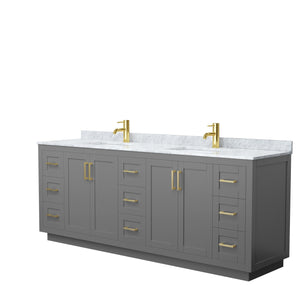 Miranda 84 Inch Double Bathroom Vanity in Dark Gray White Carrara Marble Countertop Undermount Square Sinks Brushed Gold Trim