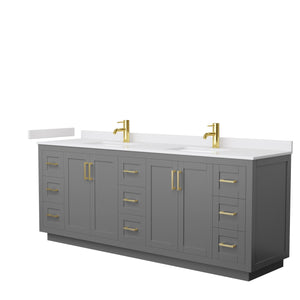 Miranda 84 Inch Double Bathroom Vanity in Dark Gray White Cultured Marble Countertop Undermount Square Sinks Brushed Gold Trim