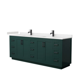 Miranda 84 Inch Double Bathroom Vanity in Green Carrara Cultured Marble Countertop Undermount Square Sinks Matte Black Trim