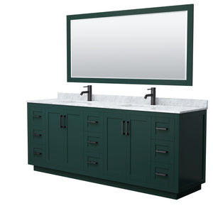 Miranda 84 Inch Double Bathroom Vanity in Green White Carrara Marble Countertop Undermount Square Sinks Matte Black Trim 70 Inch Mirror