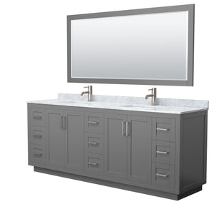 Miranda 84 Inch Double Bathroom Vanity in Dark Gray White Carrara Marble Countertop Undermount Square Sinks Brushed Nickel Trim 70 Inch Mirror