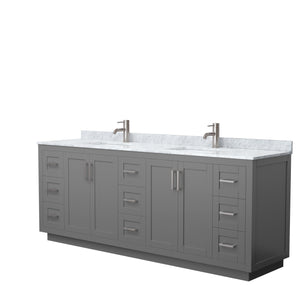 Miranda 84 Inch Double Bathroom Vanity in Dark Gray White Carrara Marble Countertop Undermount Square Sinks Brushed Nickel Trim