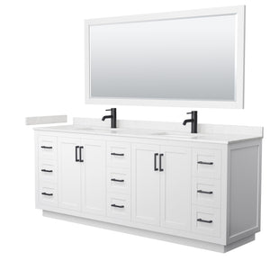 Miranda 84 Inch Double Bathroom Vanity in White Carrara Cultured Marble Countertop Undermount Square Sinks Matte Black Trim 70 Inch Mirror
