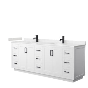 Miranda 84 Inch Double Bathroom Vanity in White Carrara Cultured Marble Countertop Undermount Square Sinks Matte Black Trim