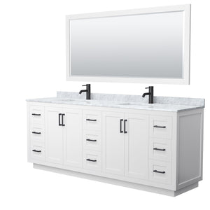 Miranda 84 Inch Double Bathroom Vanity in White White Carrara Marble Countertop Undermount Square Sinks Matte Black Trim 70 Inch Mirror