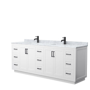 Miranda 84 Inch Double Bathroom Vanity in White White Carrara Marble Countertop Undermount Square Sinks Matte Black Trim