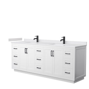 Miranda 84 Inch Double Bathroom Vanity in White White Cultured Marble Countertop Undermount Square Sinks Matte Black Trim