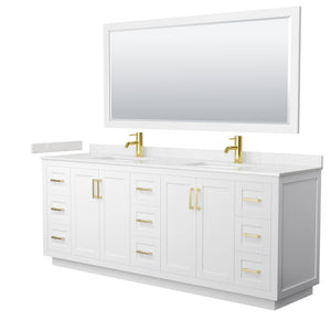 Miranda 84 Inch Double Bathroom Vanity in White Carrara Cultured Marble Countertop Undermount Square Sinks Brushed Gold Trim 70 Inch Mirror
