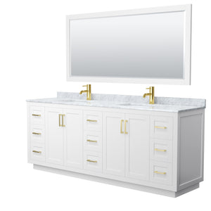Miranda 84 Inch Double Bathroom Vanity in White White Carrara Marble Countertop Undermount Square Sinks Brushed Gold Trim 70 Inch Mirror