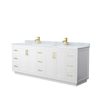 Miranda 84 Inch Double Bathroom Vanity in White White Carrara Marble Countertop Undermount Square Sinks Brushed Gold Trim