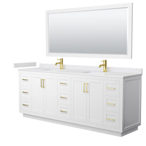 Miranda 84 Inch Double Bathroom Vanity in White White Cultured Marble Countertop Undermount Square Sinks Brushed Gold Trim 70 Inch Mirror