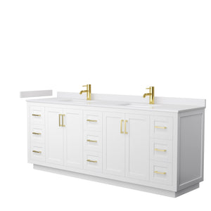 Miranda 84 Inch Double Bathroom Vanity in White White Cultured Marble Countertop Undermount Square Sinks Brushed Gold Trim