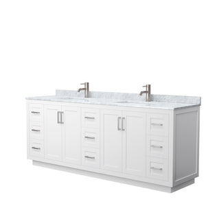 Miranda 84 Inch Double Bathroom Vanity in White White Carrara Marble Countertop Undermount Square Sinks Brushed Nickel Trim