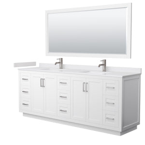Miranda 84 Inch Double Bathroom Vanity in White White Cultured Marble Countertop Undermount Square Sinks Brushed Nickel Trim 70 Inch Mirror