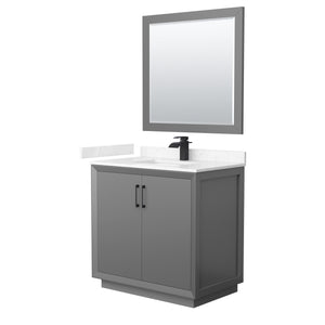 Strada 36 Inch Single Bathroom Vanity in Dark Gray Carrara Cultured Marble Countertop Undermount Square Sink Matte Black Trim 34 Inch Mirror