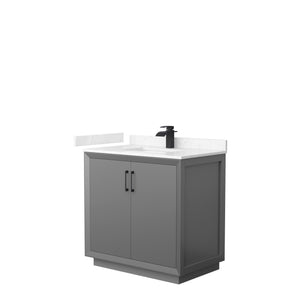 Strada 36 Inch Single Bathroom Vanity in Dark Gray Carrara Cultured Marble Countertop Undermount Square Sink Matte Black Trim