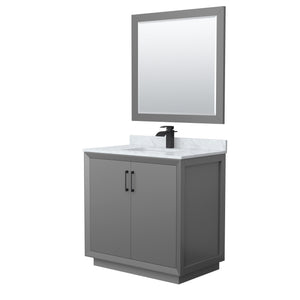 Strada 36 Inch Single Bathroom Vanity in Dark Gray White Carrara Marble Countertop Undermount Square Sink Matte Black Trim 34 Inch Mirror