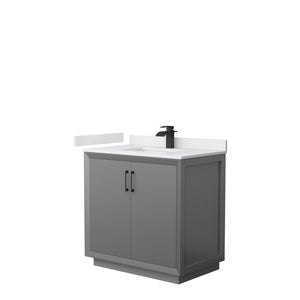 Strada 36 Inch Single Bathroom Vanity in Dark Gray White Cultured Marble Countertop Undermount Square Sink Matte Black Trim