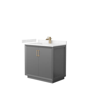 Strada 36 Inch Single Bathroom Vanity in Dark Gray Carrara Cultured Marble Countertop Undermount Square Sink Satin Bronze Trim