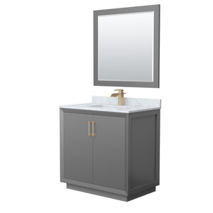 Strada 36 Inch Single Bathroom Vanity in Dark Gray White Carrara Marble Countertop Undermount Square Sink Satin Bronze Trim 34 Inch Mirror