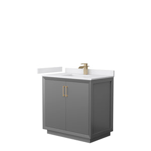 Strada 36 Inch Single Bathroom Vanity in Dark Gray White Cultured Marble Countertop Undermount Square Sink Satin Bronze Trim
