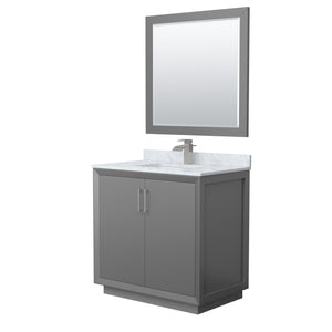 Strada 36 Inch Single Bathroom Vanity in Dark Gray White Carrara Marble Countertop Undermount Square Sink Brushed Nickel Trim 34 Inch Mirror