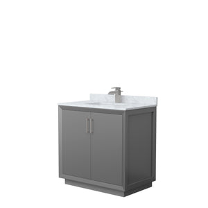 Strada 36 Inch Single Bathroom Vanity in Dark Gray White Carrara Marble Countertop Undermount Square Sink Brushed Nickel Trim