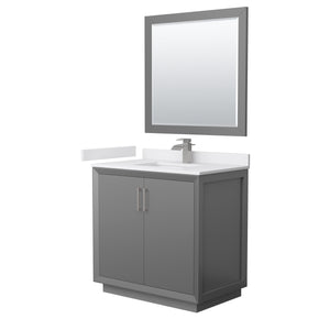 Strada 36 Inch Single Bathroom Vanity in Dark Gray White Cultured Marble Countertop Undermount Square Sink Brushed Nickel Trim 34 Inch Mirror