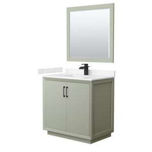 Strada 36 Inch Single Bathroom Vanity in Light Green Carrara Cultured Marble Countertop Undermount Square Sink Matte Black Trim 34 Inch Mirror
