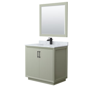 Strada 36 Inch Single Bathroom Vanity in Light Green White Carrara Marble Countertop Undermount Square Sink Matte Black Trim 34 Inch Mirror