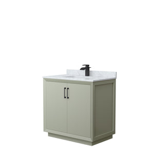 Strada 36 Inch Single Bathroom Vanity in Light Green White Carrara Marble Countertop Undermount Square Sink Matte Black Trim